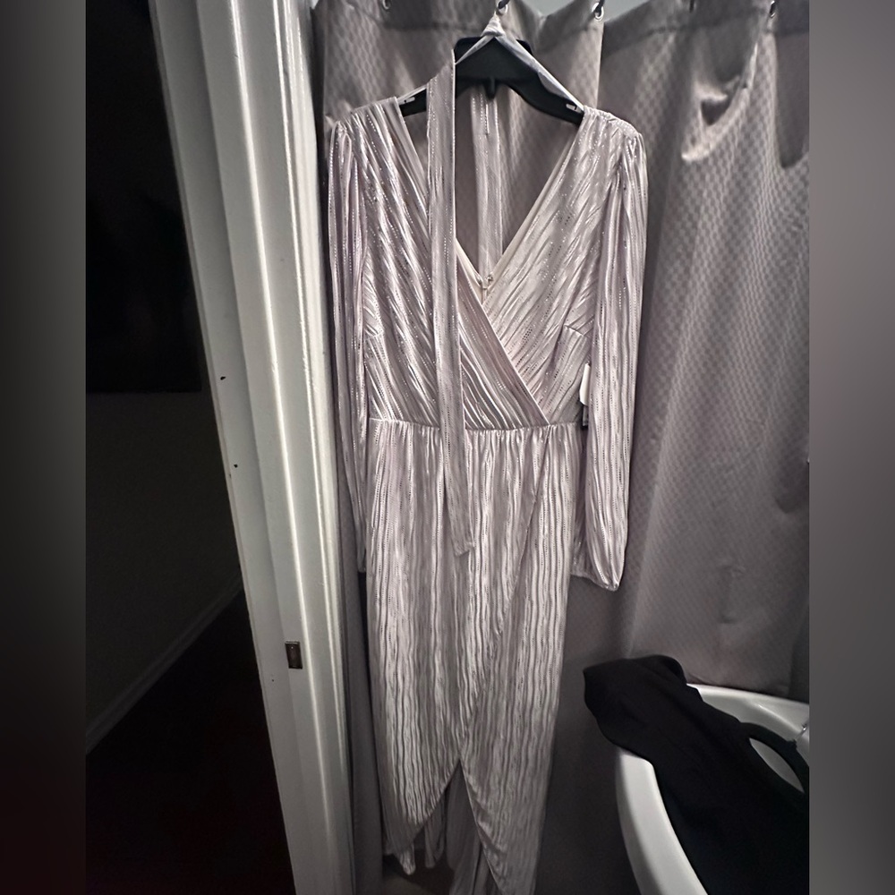 Guess Silver Plisse Wrap-Front Long Sleeve Dress